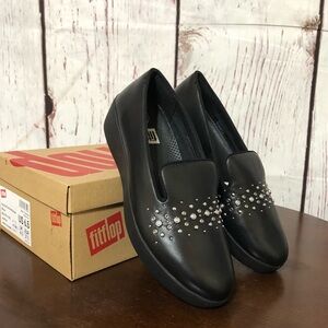 FitFlop Audrey Pearl Stud Smoking Slippers Black Studded Women's Shoes 6.5 NiB